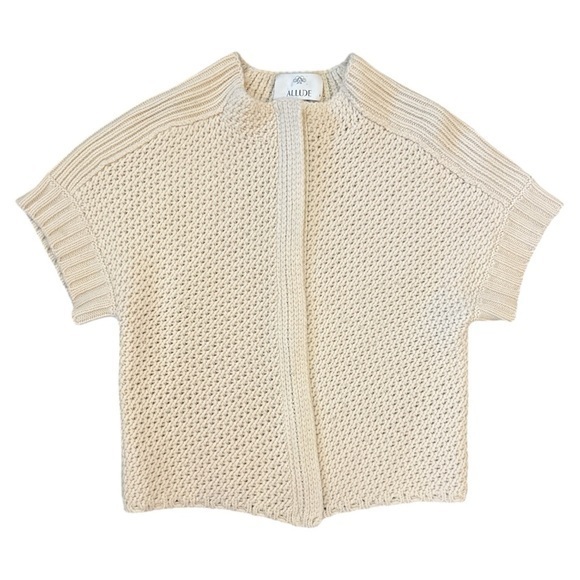 Allude Sweaters - Allude Wool Cashmere Zip Up Chunky Knit Short Sleeve Sweater in Cream Small